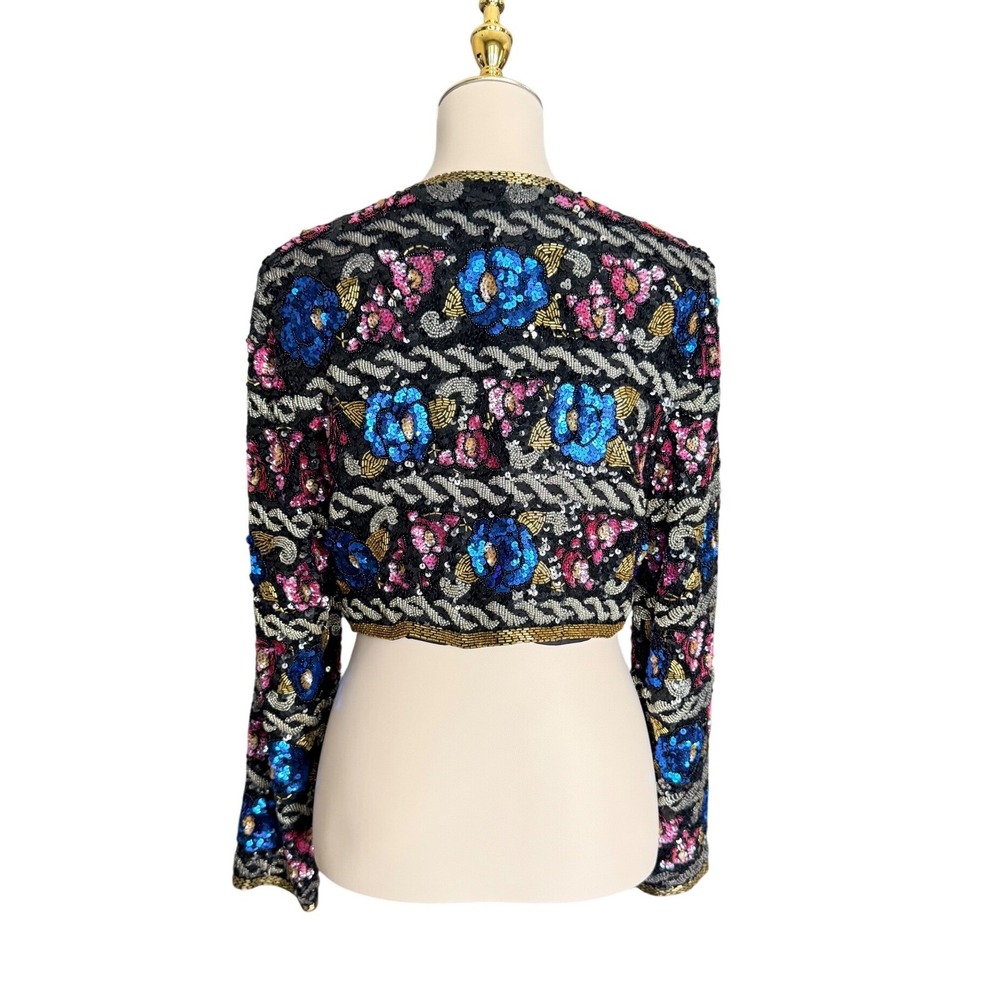 Vintage 80s Morgan Taylor Silk Sequin Jacket Size 6 Beaded Floral Bolero Evening - Picture 5 of 11